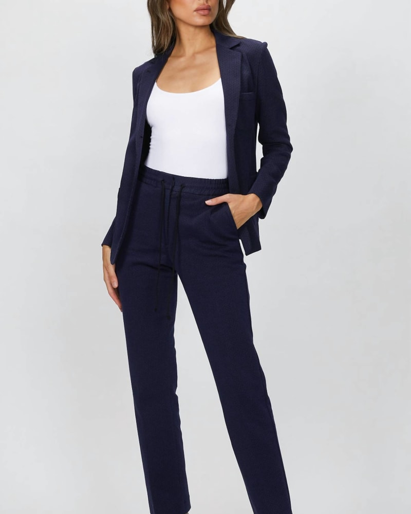 Front of a model wearing a size L New Track Pant in Midnight in Midnight by 6397. | dia_product_style_image_id:338526